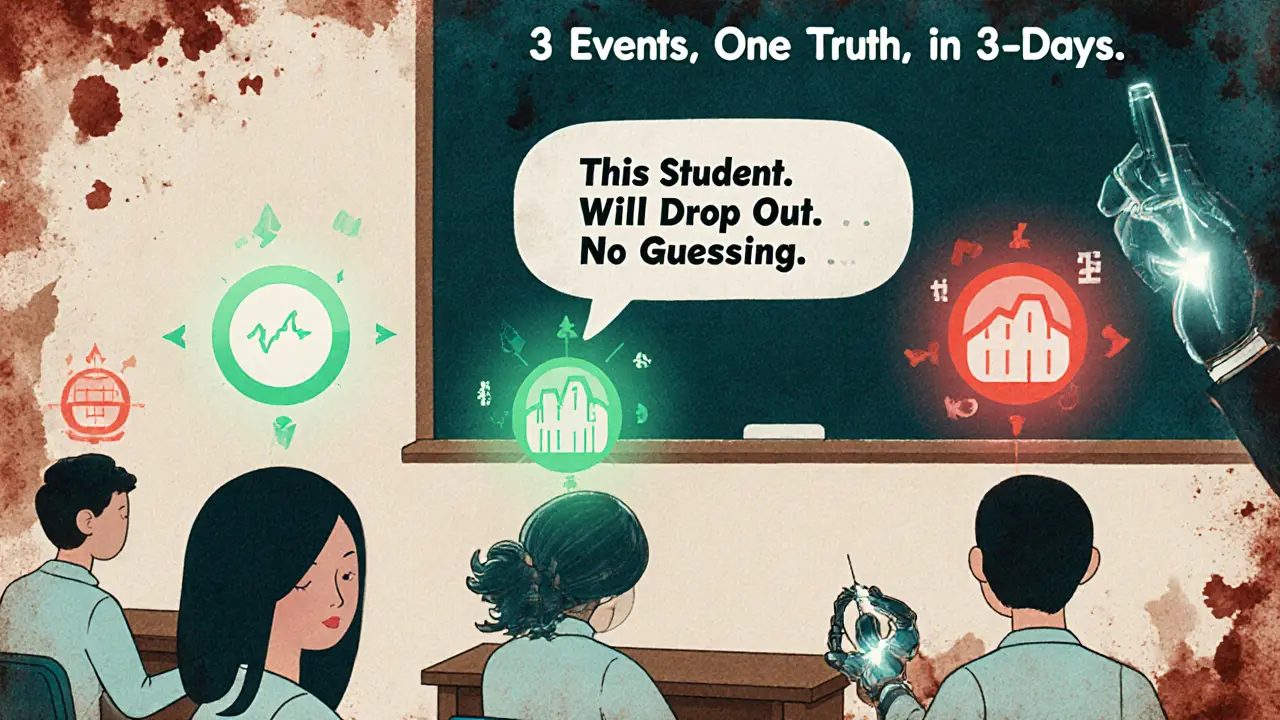 Аватары студентов с прогрессом и предсказанием ИИ, кто уйдет, а кто завершит курс, на фоне надписи &#039;3 события. Одна правда.&#039;