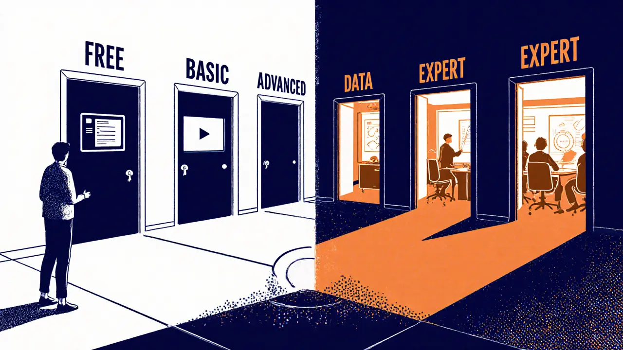 Человек перед четырьмя дверьми, каждая из которых ведет к разному уровню обучения.