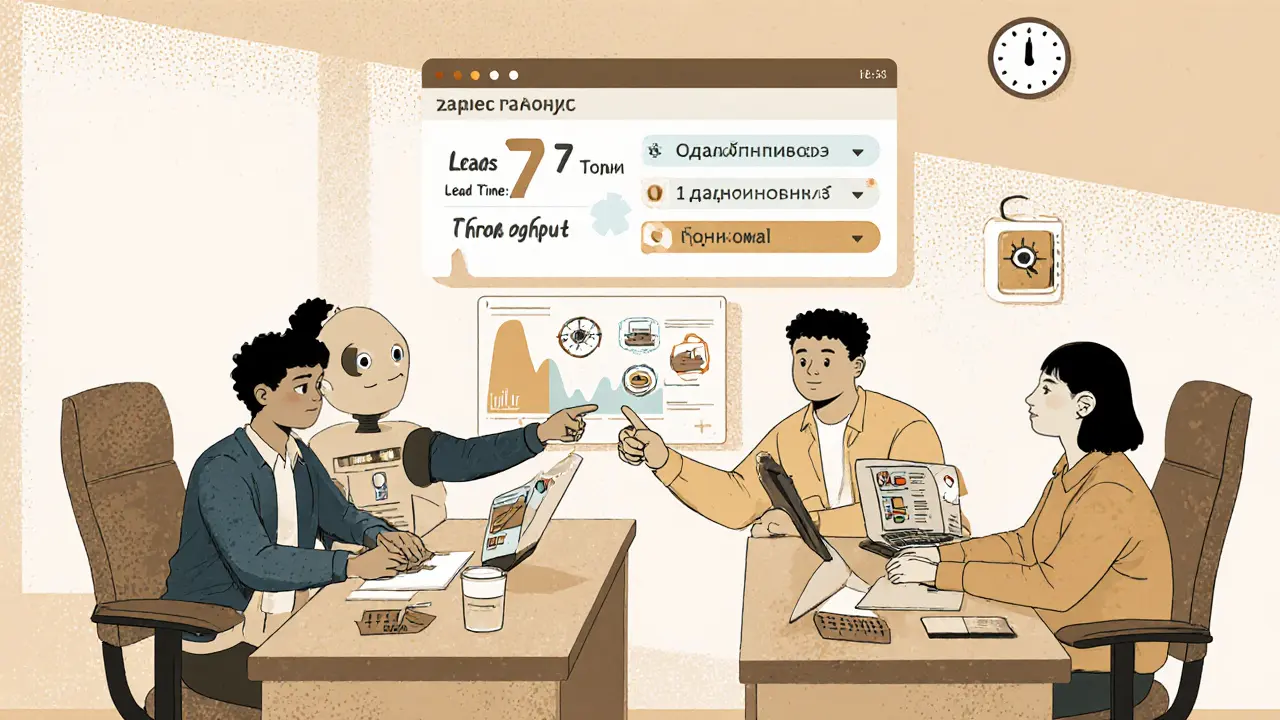 Команда из пяти человек с тремя задачами на каждом, виден дашборд с метриками, автоматизация в фоне.