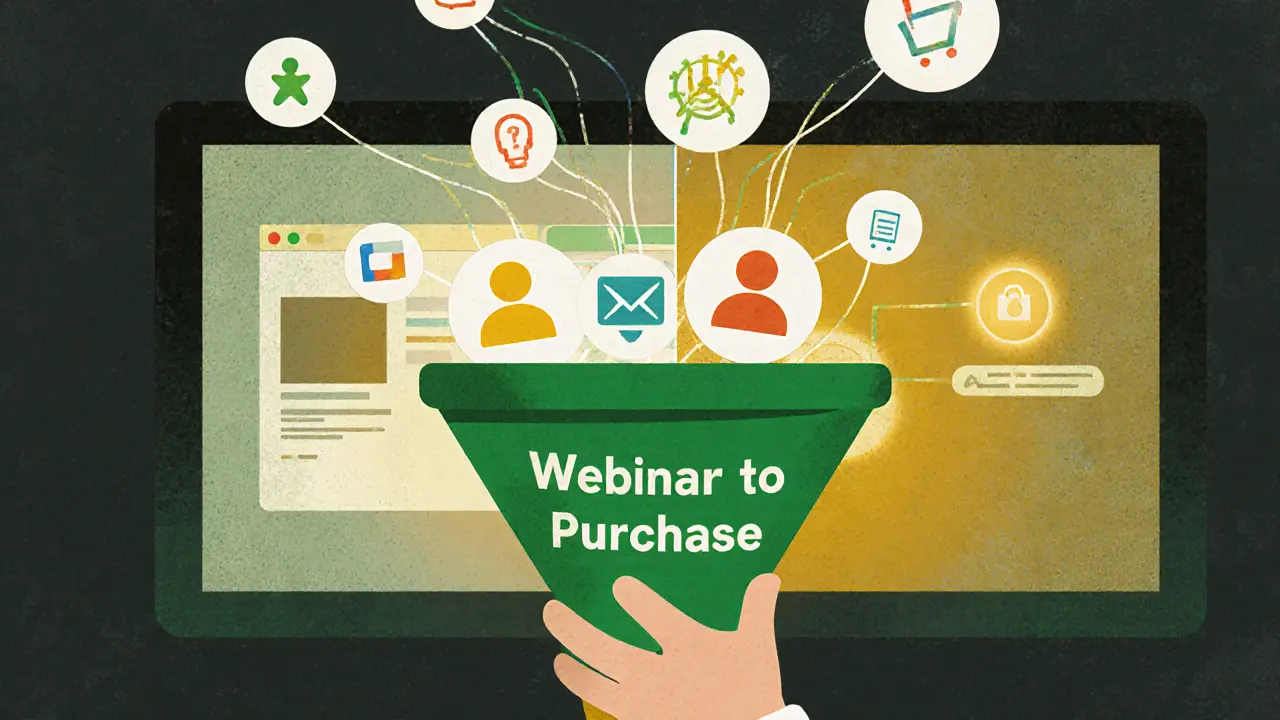 Маркетинговая воронка с событиями от клика до покупки, с разными пользователями и связанными системами CRM и LMS.