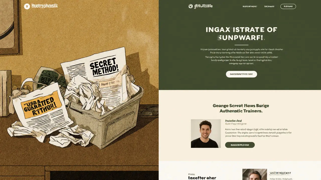 Слева — заваленные ложными обещаниями объявления, справа — честный лендинг с отзывами и кнопкой подписки.