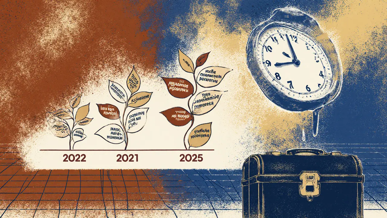 Эволюция УТП эксперта от 2022 к 2025 году, изображённая как растущая лоза с отзывами клиентов в виде листьев.