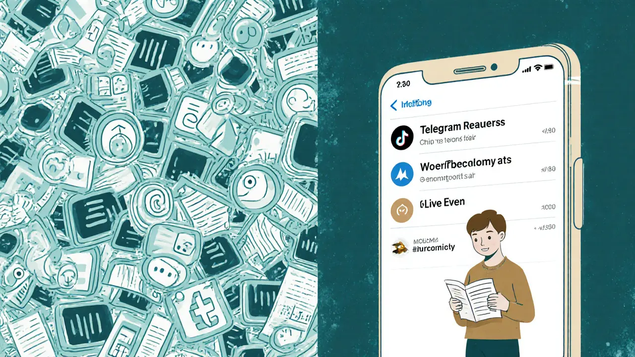 Сравнение хаотичного бесплатного контента и спокойного закрытого Telegram-канала.