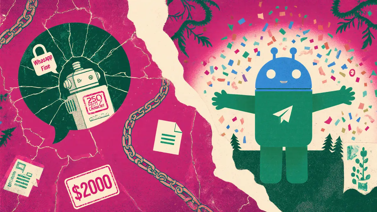 WhatsApp-бот заперт в маленькой пузырьковой клетке, а Telegram-бот свободно отправляет материалы и приветствует студента.