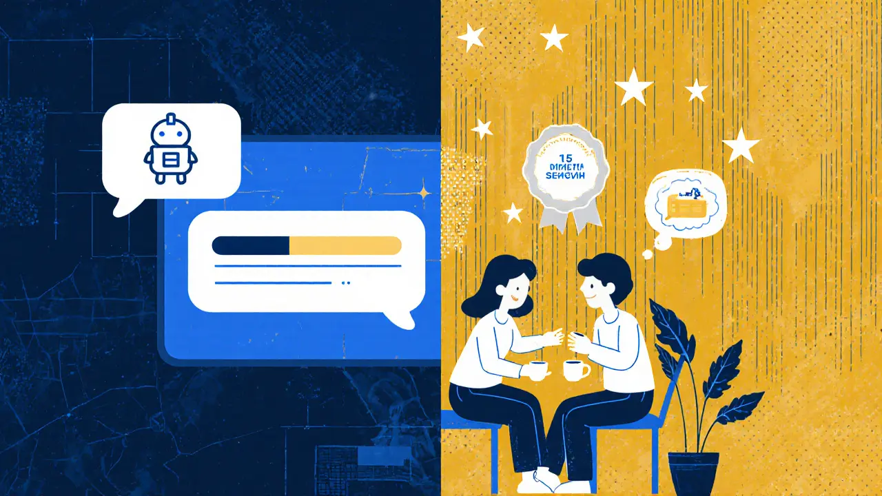 Гибридное обучение: цифровой интерфейс и тёплая реальная беседа, маленькие значки прогресса парят в воздухе.