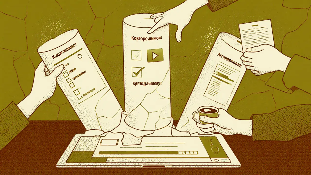 Три опоры мотивации поддерживают разрушающийся онлайн-курс, руки помогают, выбор и прогресс видны вокруг.