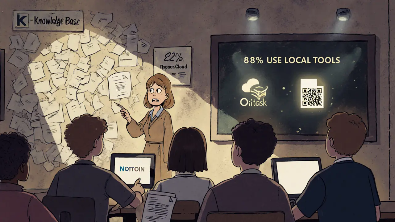 Учитель в классе онлайн-школы смотрит на сломанную базу знаний, студенты без доступа к материалам.