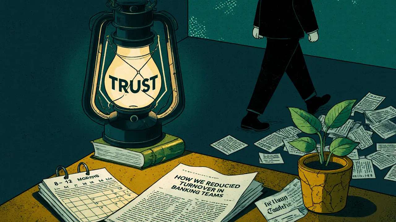 Фонарь с надписью &#039;Доверие&#039; горит над столом с заметками, календарем и статьей, рядом растет растение — символ долгосрочного роста.