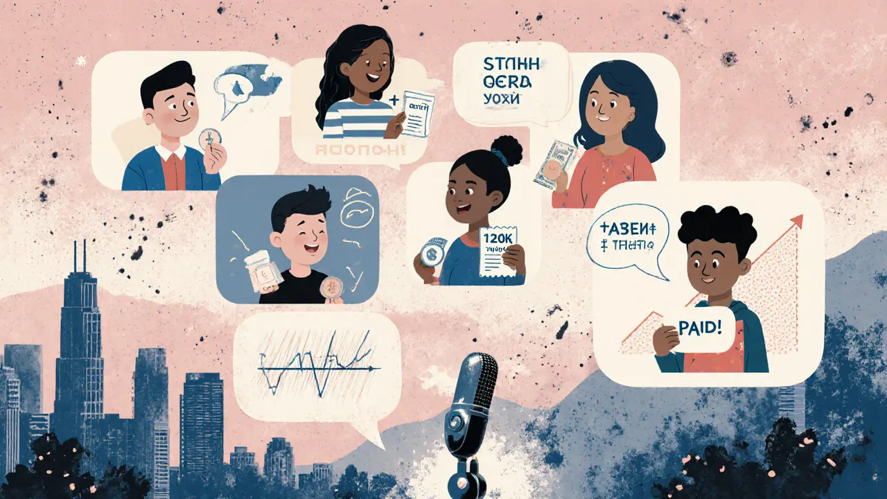 Группа пользователей в Telegram с успехами и AI-ботом, фон — растущий график и текстуры рисографии.