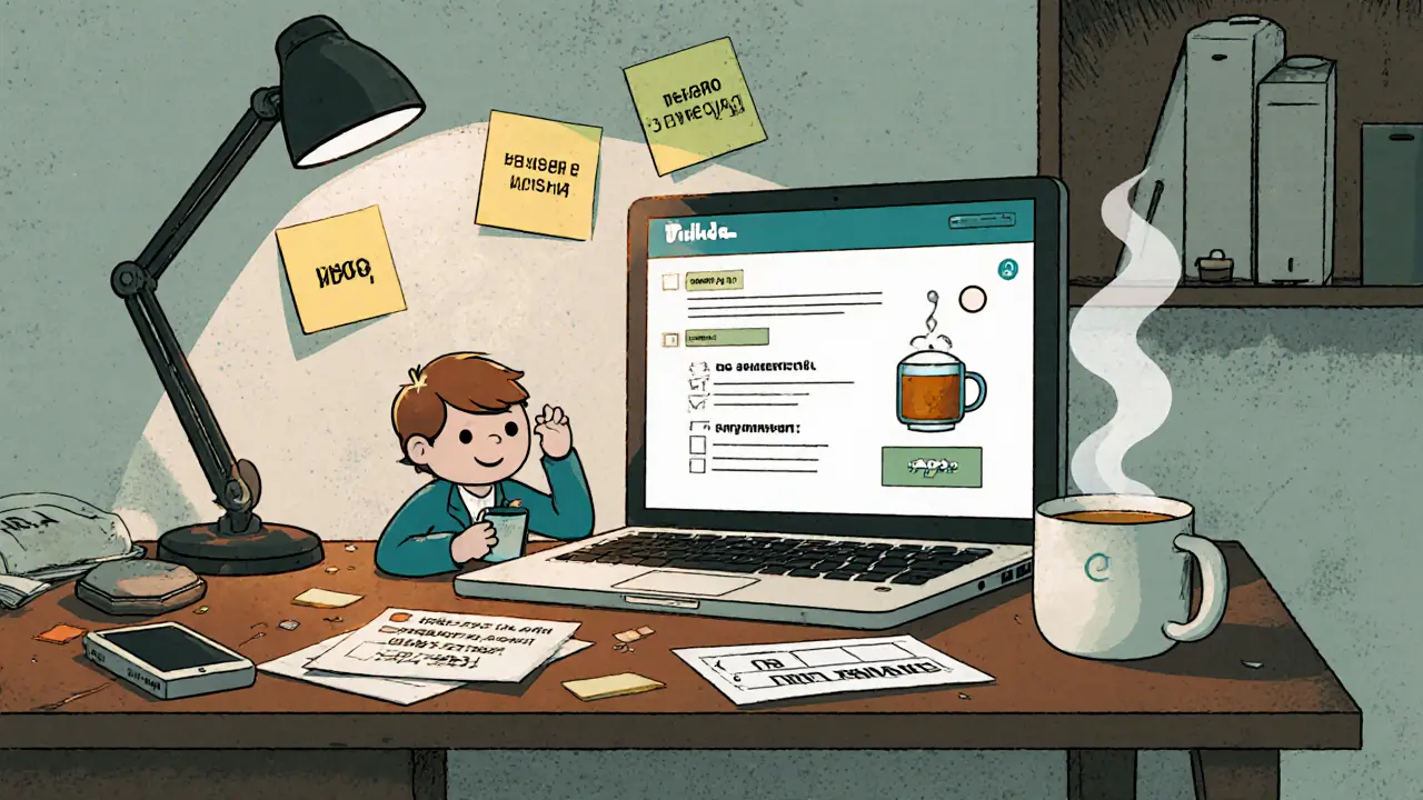 Молодой предприниматель за столом с лендингом на экране, Telegram-ботом и чек-листом в уютной комнате.