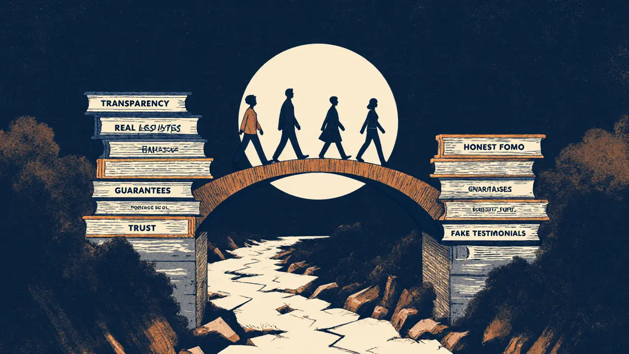 Мост из честных практик ведет к доверию, а ложные обещания падают в темноту.
