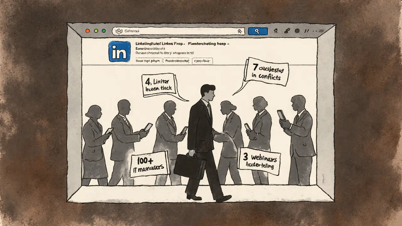 Профиль LinkedIn в виде окна офиса с данными о результатах и лицом эксперта, в то время как корпоративные силуэты скроллят мимо.