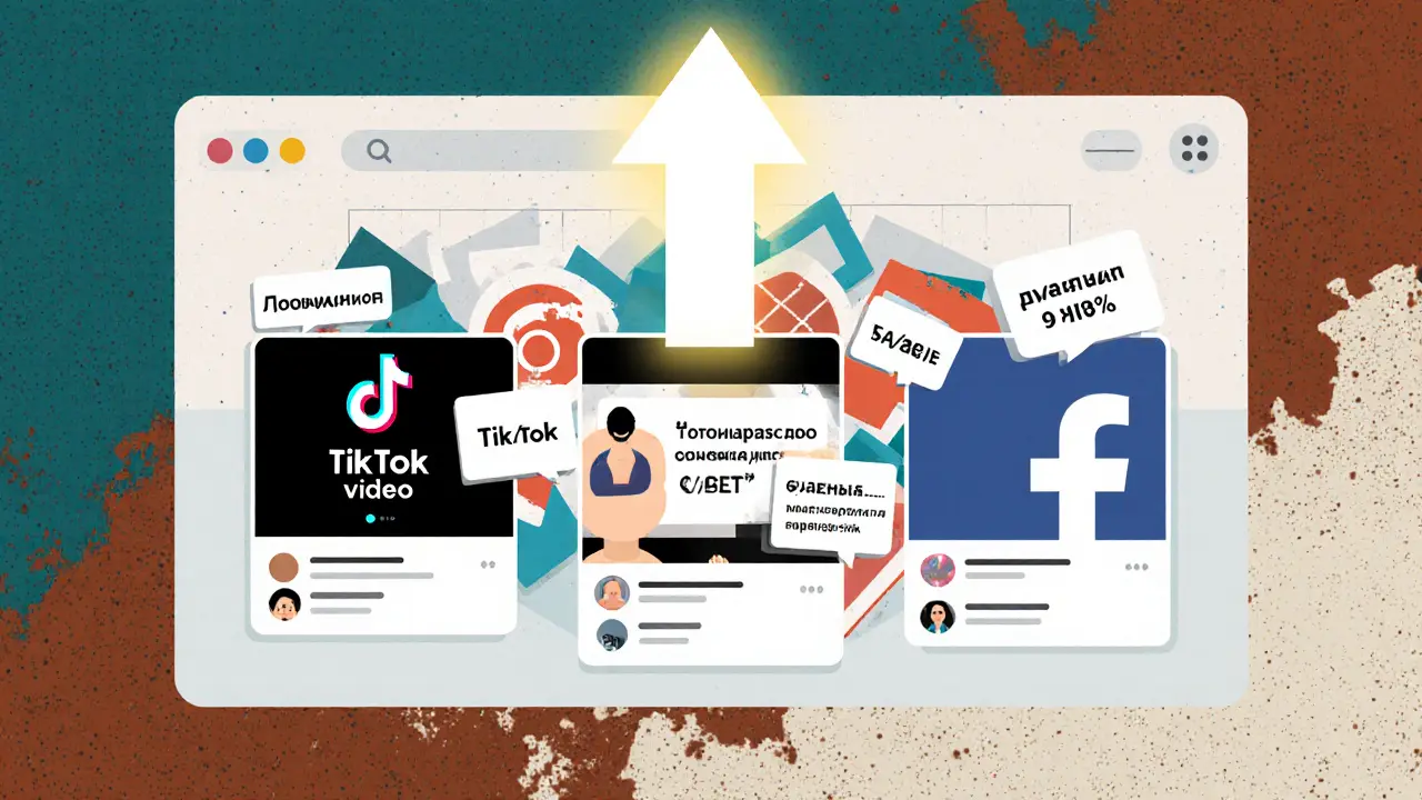 Цифровая панель с соцсетями, переполненными UGC-постами и ростом конверсии в стиле рисографии.