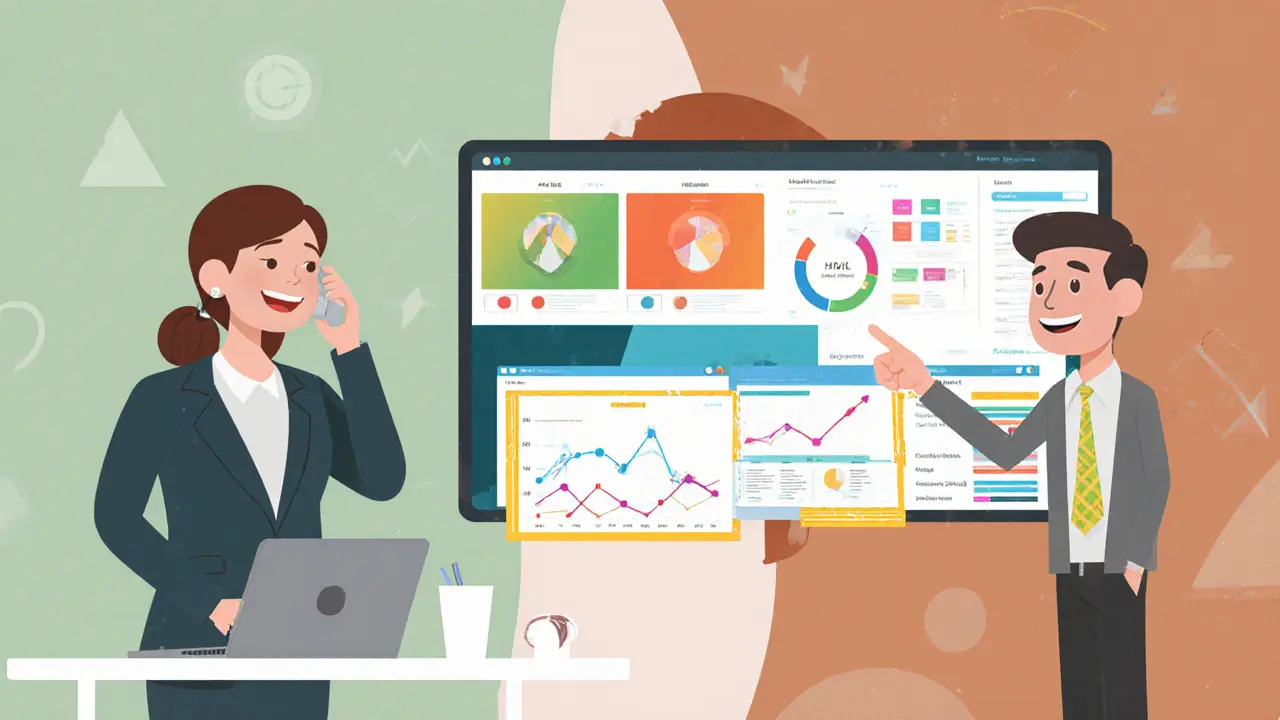 Команда продаж в онлайн-школе: менеджер, руководитель и аналитик работают с CRM и графиками.