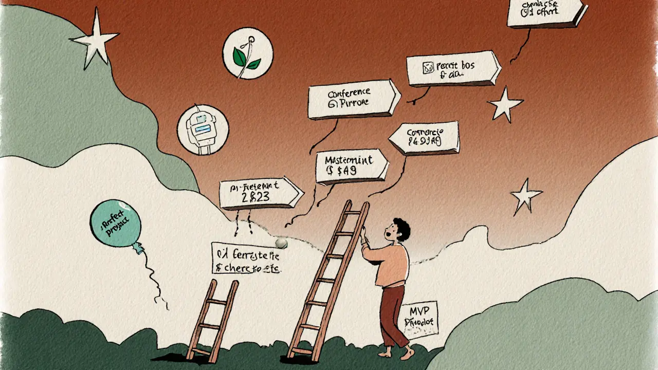 Лестница инфопродуктов: от чек-листа до конференции, человек поднимается, оставляя идеальный продукт и беря MVP.