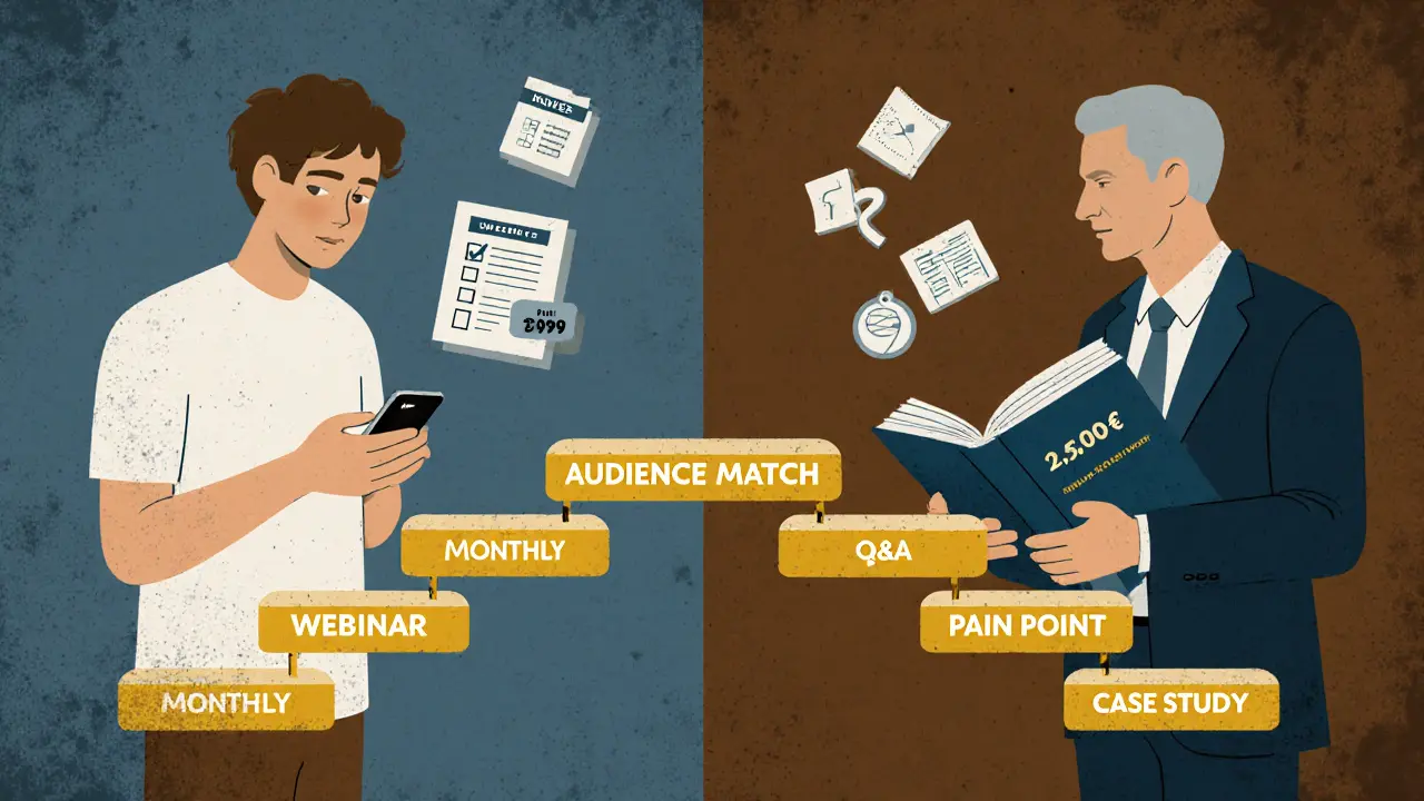 Сравнение аудиторий: молодой пользователь с чек-листом и профессионал с подпиской, соединённые мостом &#039;Соответствие потребности&#039;.