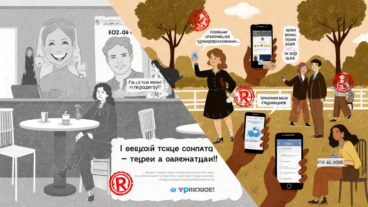 Сравнение скучной рекламы и живых отзывов пользователей в ярком стиле рисографии.