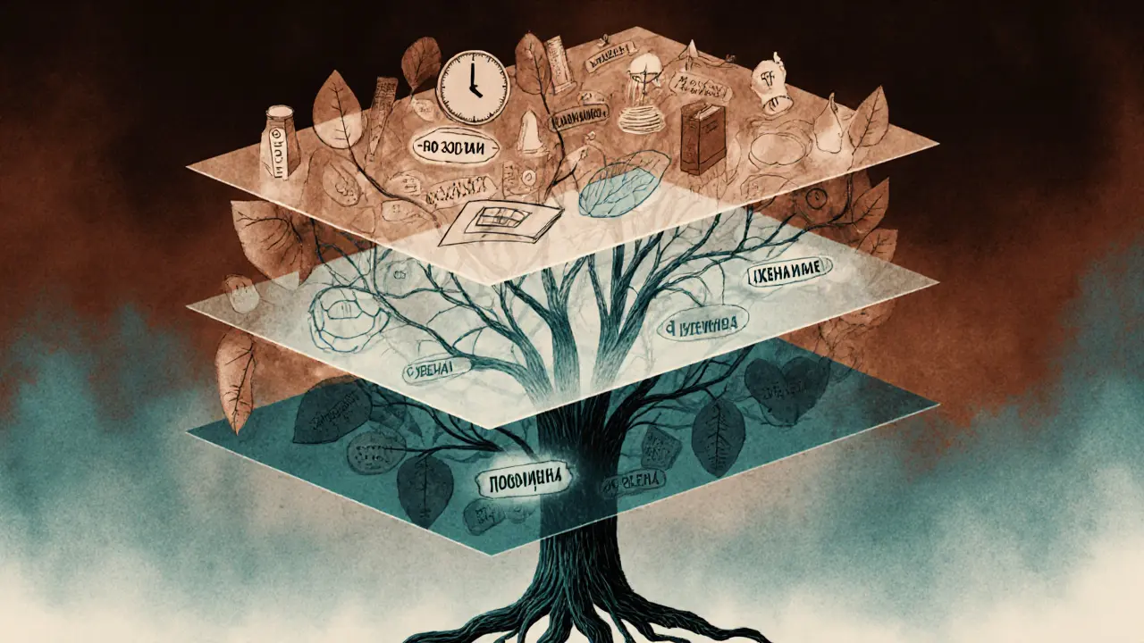 Три слоя рефлексии превращаются в растущее дерево с корнями и листьями, символизирующими понимание.