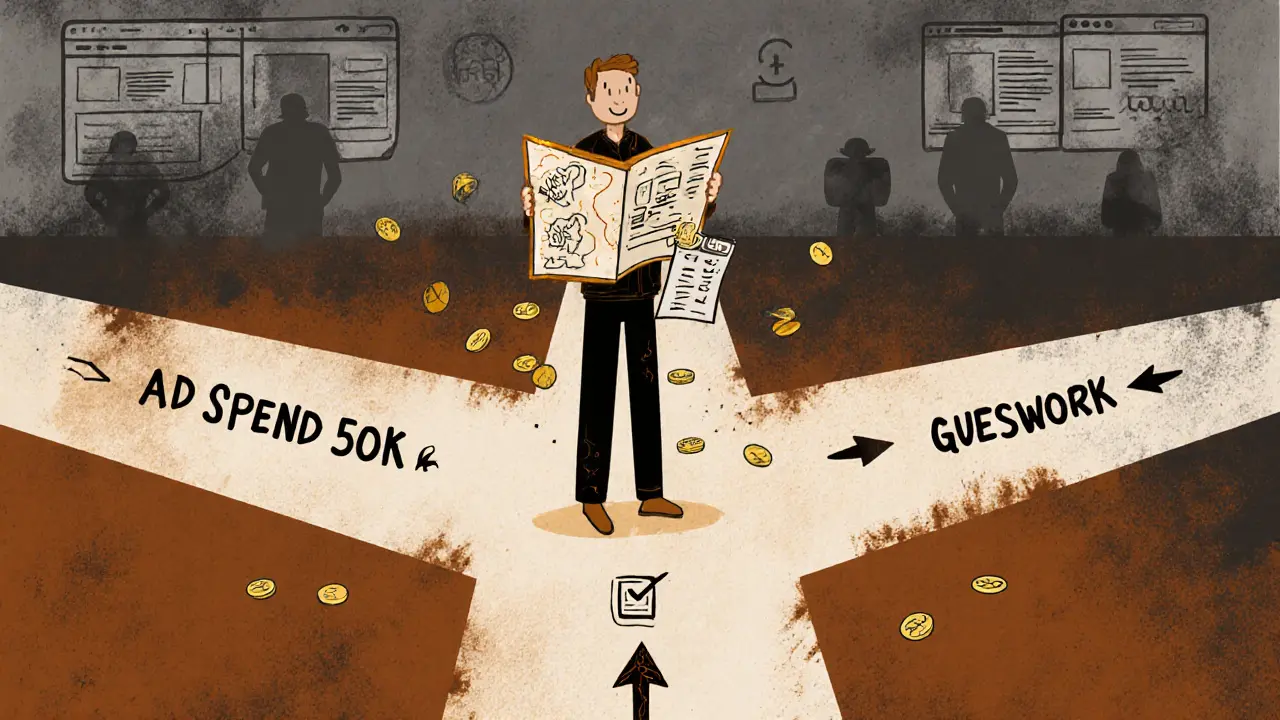 Человек на перекрестке между успешным запуском, отсутствием бюджета и случайными попытками, с картой и разбросанными деньгами.