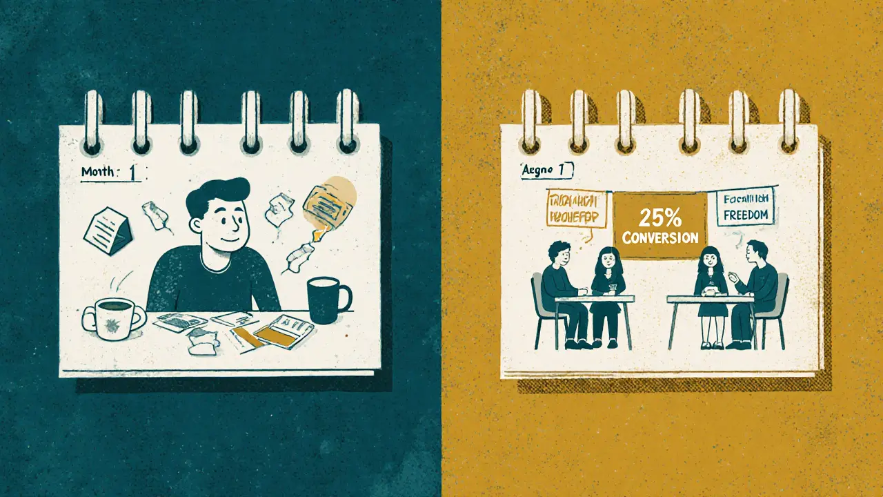 Календарь: слева — одинокий человек в стрессе, справа — тот же человек в классе, а команда за кадром обеспечивает успех с надписями о доходах.