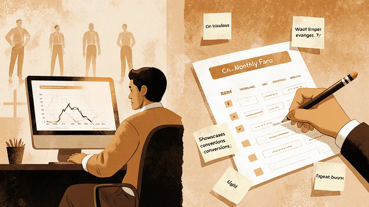 Разделенная сцена: владелец онлайн-школы смотрит на падающие графики слева и обновляет прогноз справа с заметками о конверсиях.