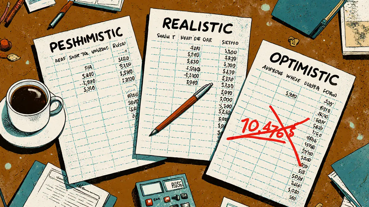 Три сценария прогноза выручки на листах Excel, с исправленной средней стоимостью покупки и кофейной кружкой на столе.