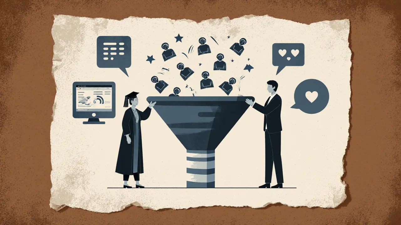 Воронка продаж, разделенная между экспертом и продюсером, превращающаяся из хаоса в поток клиентов с сердечками и диаграммами.