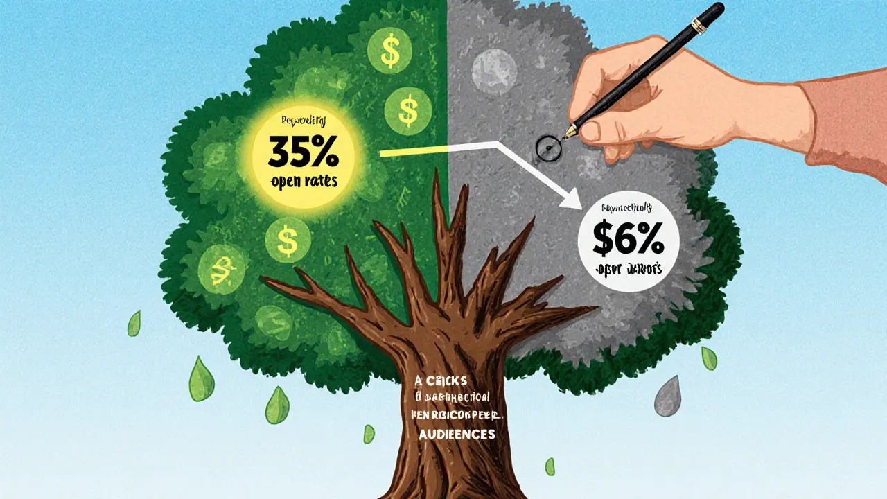 Дерево сегментации: активные подписчики цветут, неактивные теряют листья.