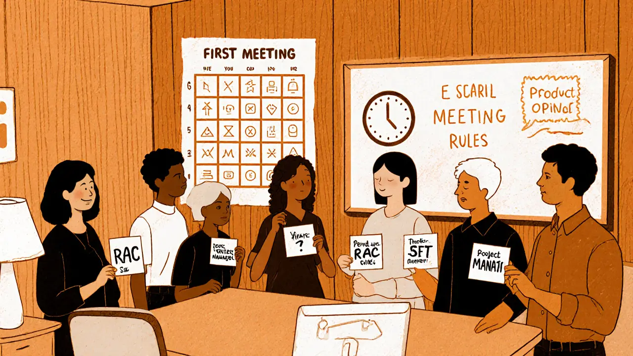 Команда на первой встрече подписывает роли и правила работы, изображённая в тёплом стиле рисографии с минималистичными силуэтами.