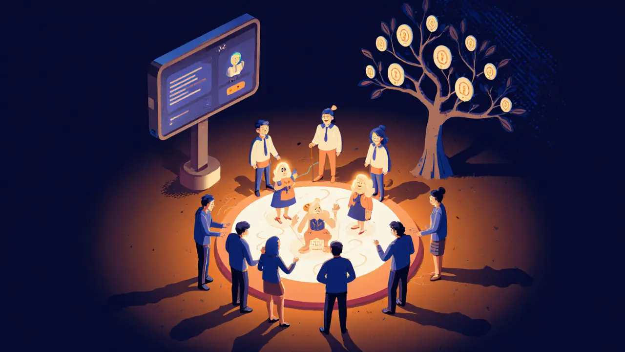 Команда помогает клиентам-персонажам проходить квесты в чат-боте, вокруг растет дерево с наградами за продажи.