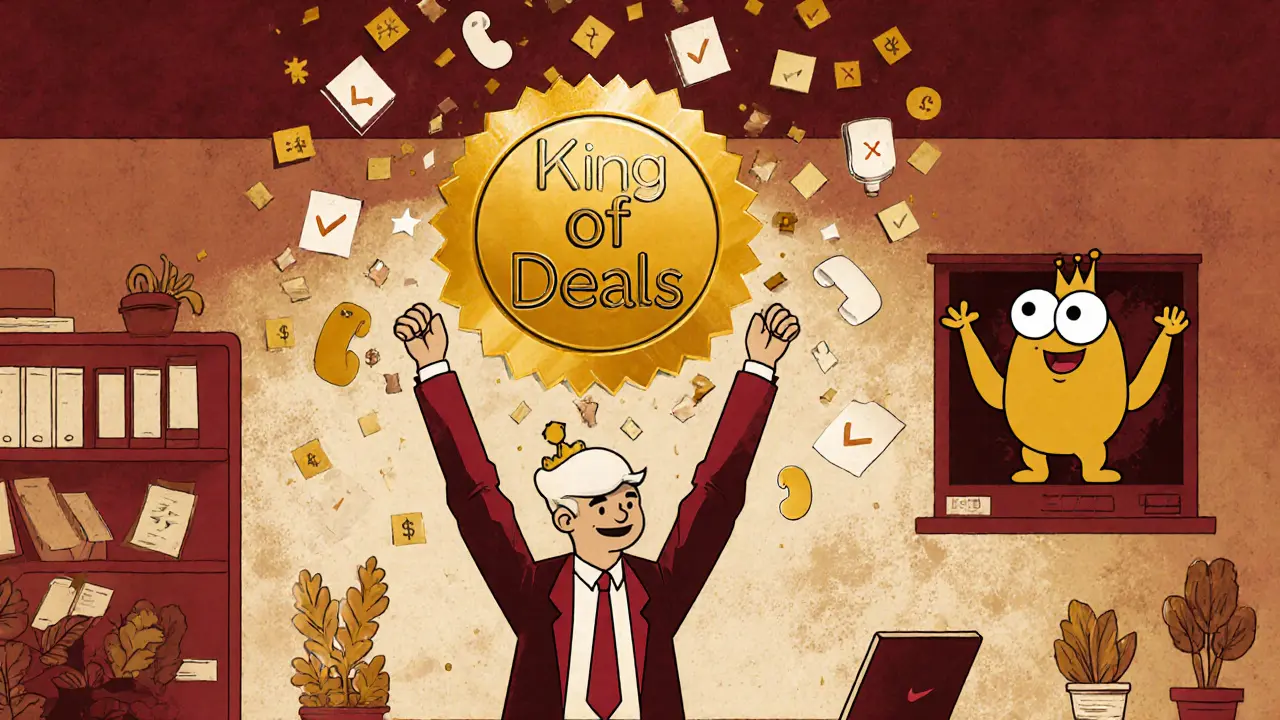 Продавец празднует получение значка &#039;Король сделок&#039;, вокруг — конфетти из телефонов и денег, веселый маскот на экране.