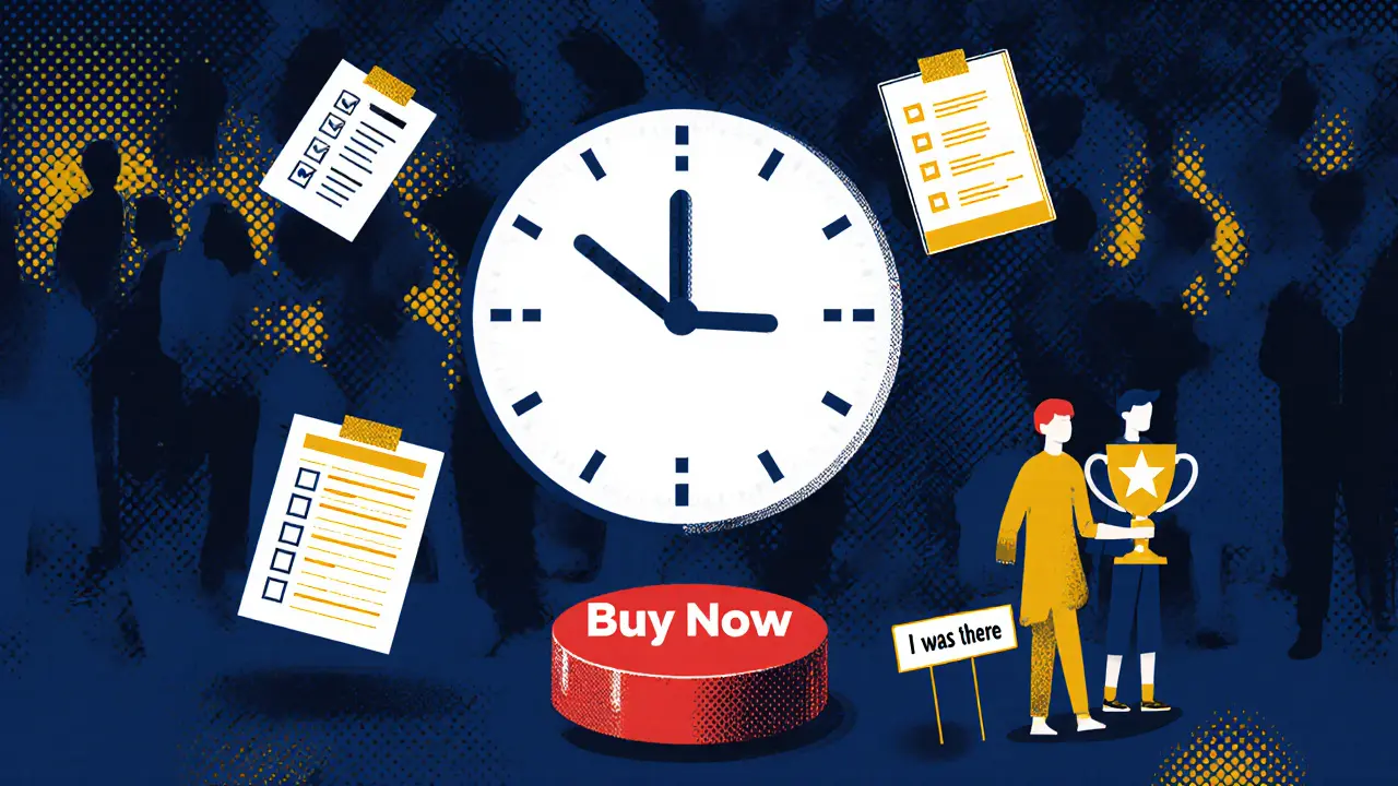 Часы показывают 23:59, вокруг бонусы, трое зрителей шагают к кнопке покупки.