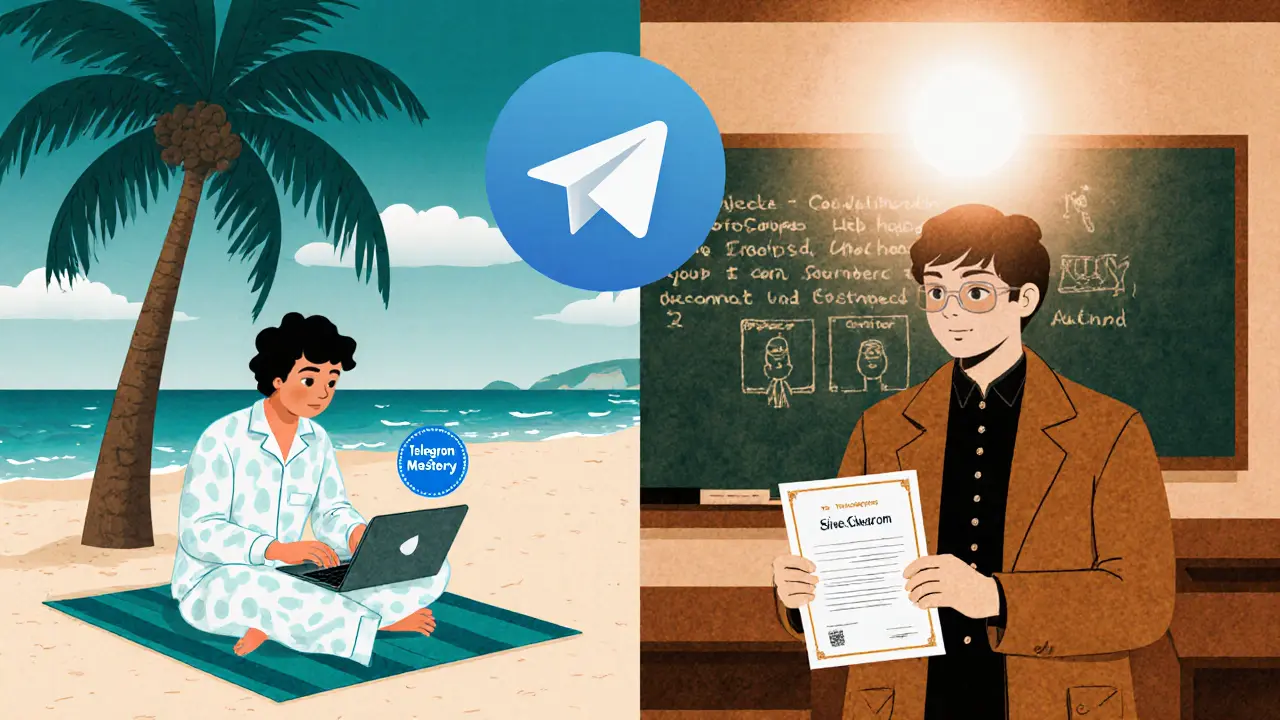 Человек учится на пляже в июле, а осенью получает сертификат с помощью Telegram-курса.