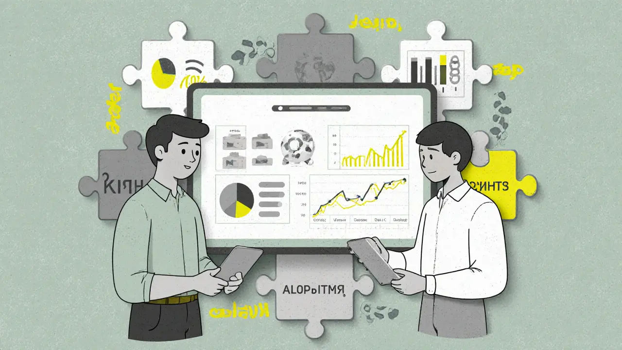 Цифровая панель с ИИ и модульными элементами консалтинга на фоне фабрики