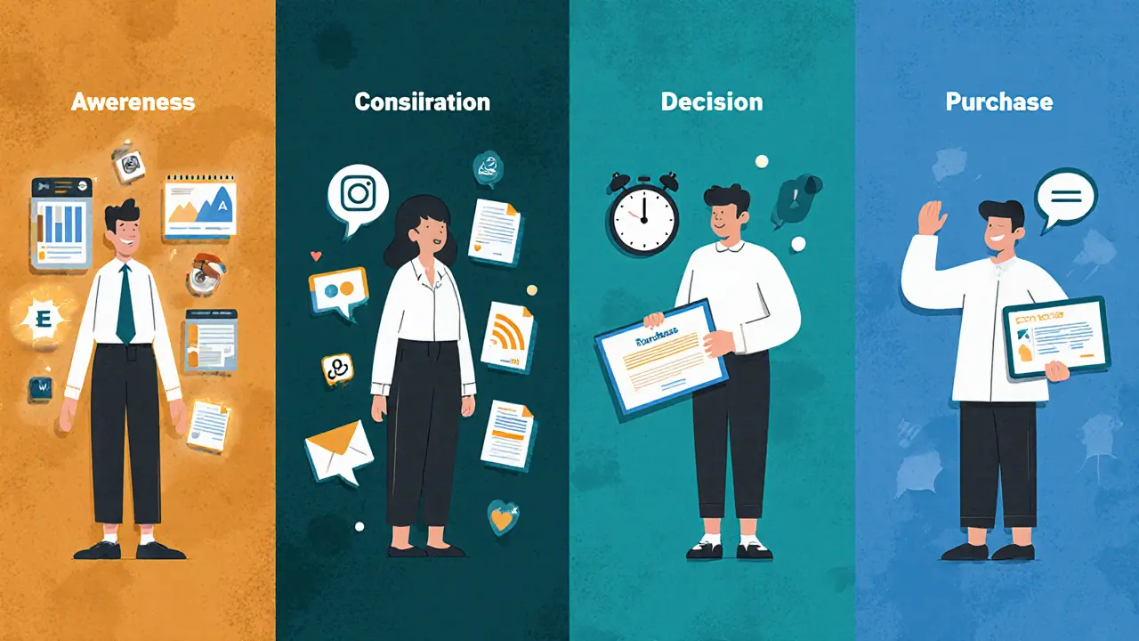 Эмоциональный путь клиента от осознания до покупки курса, изображённый как визуальная схема в рисографическом стиле.