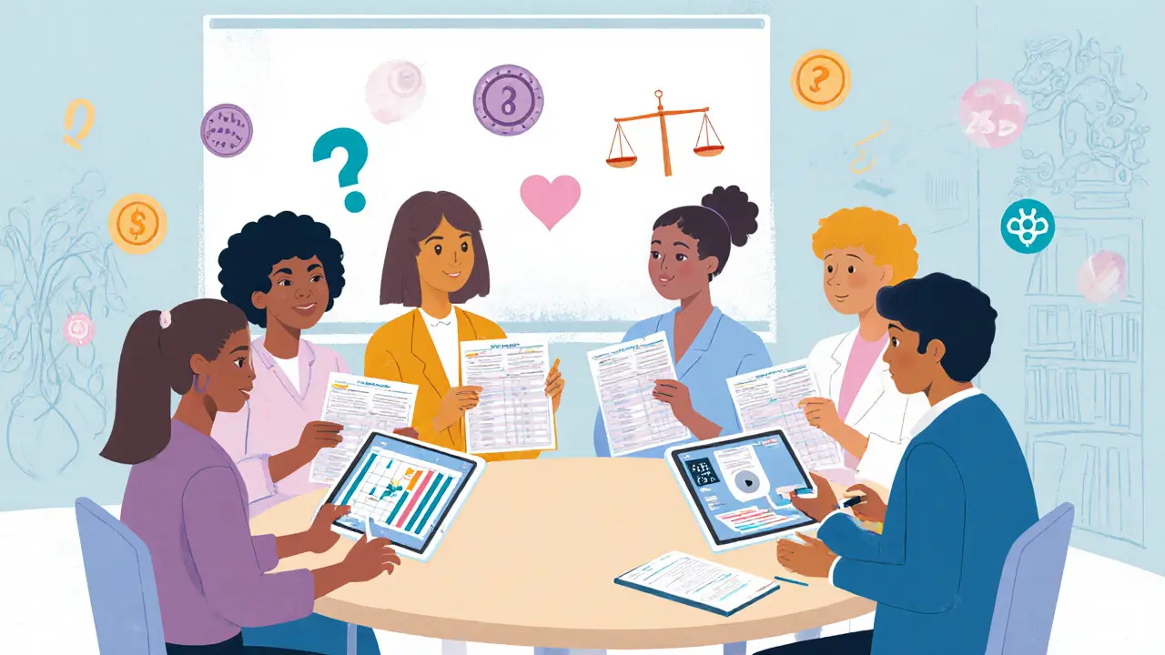 Группа педагогов обсуждает поведенческие карты детей в кругу с символами АВА-терапии.