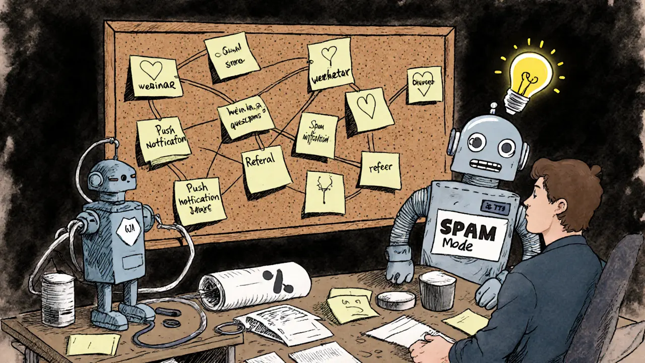 Карта касаний на доске с заметками, рядом сломанный робот спама и светящийся сердцем сигнал доверия.