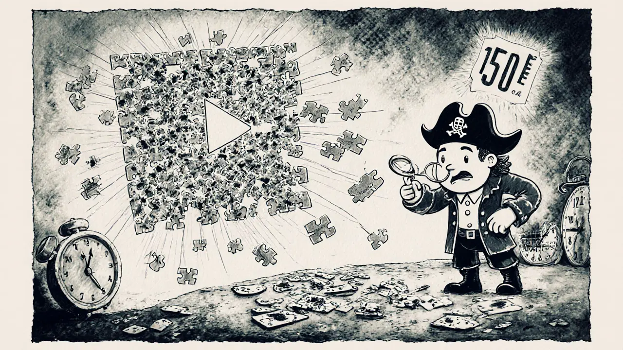 Пазл из мелких фрагментов видео, который пират не может собрать, в стиле рисографии.