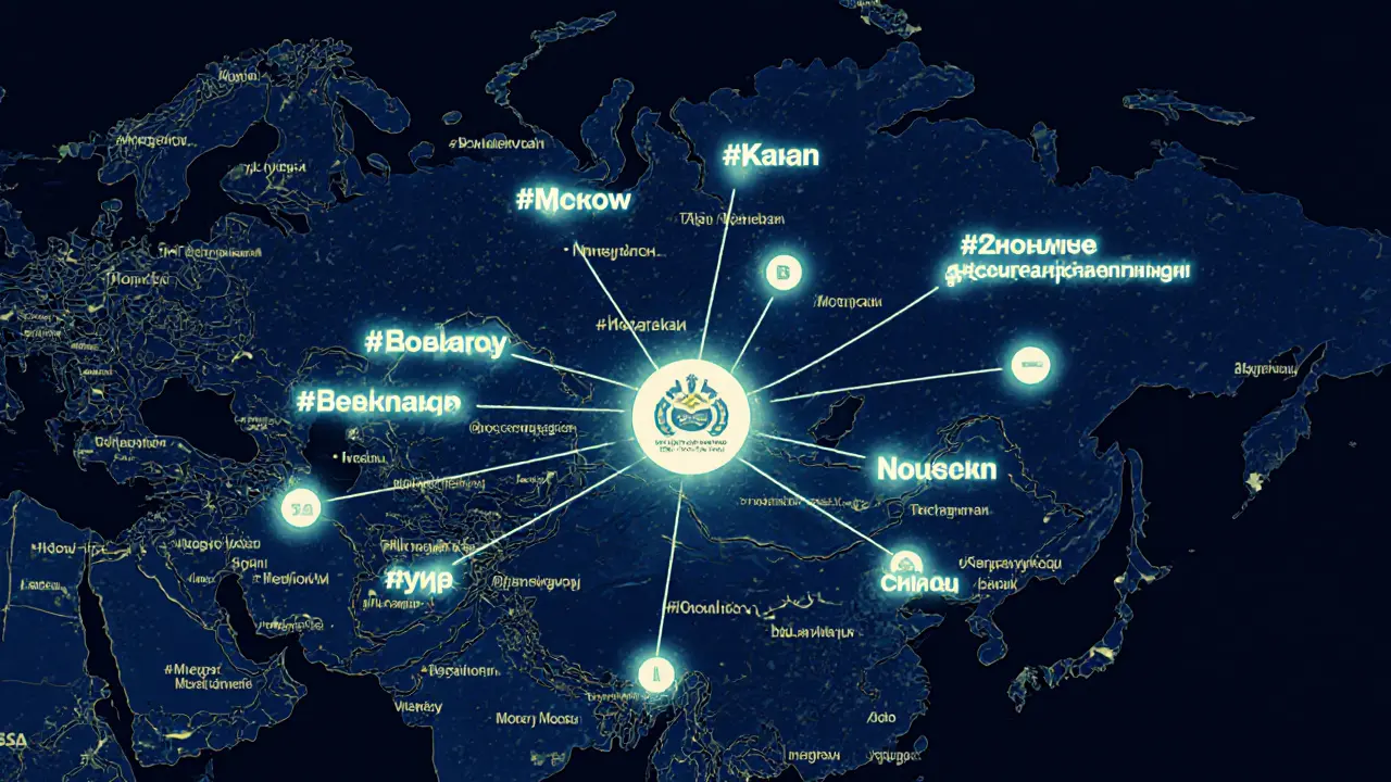 Рисографический иллюстративный стиль: карта России с гео-хештегами, соединяющими города в сеть.