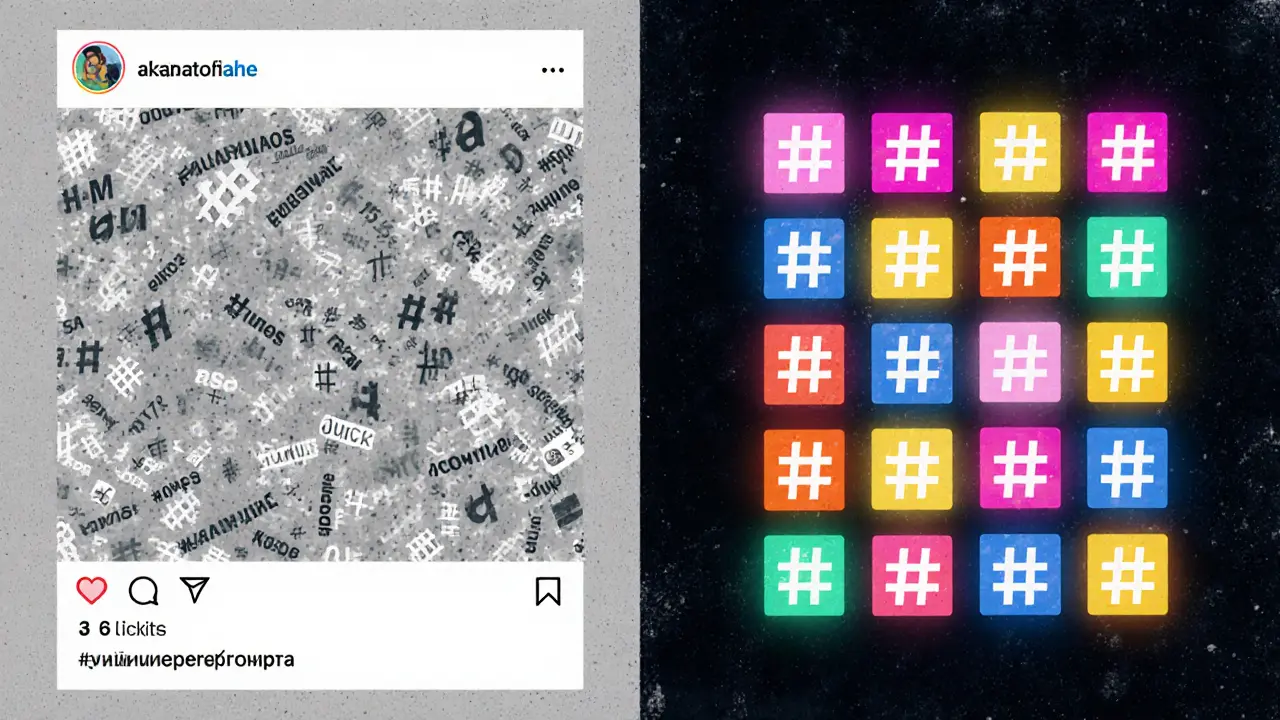 Рисографический иллюстративный стиль: сравнение перегруженных и точных хештегов в соцсетях.