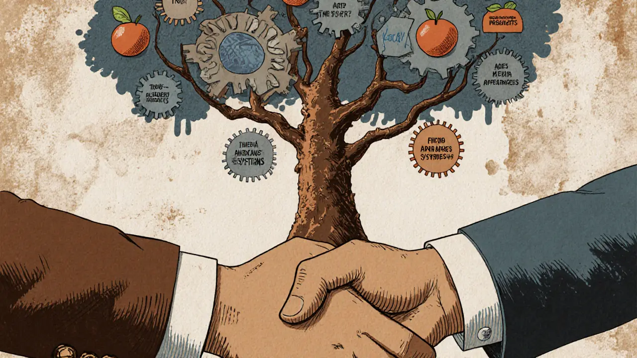 Руки эксперта и продюсера соединены шестерёнками доверия, за ними растёт бизнес-дерево.