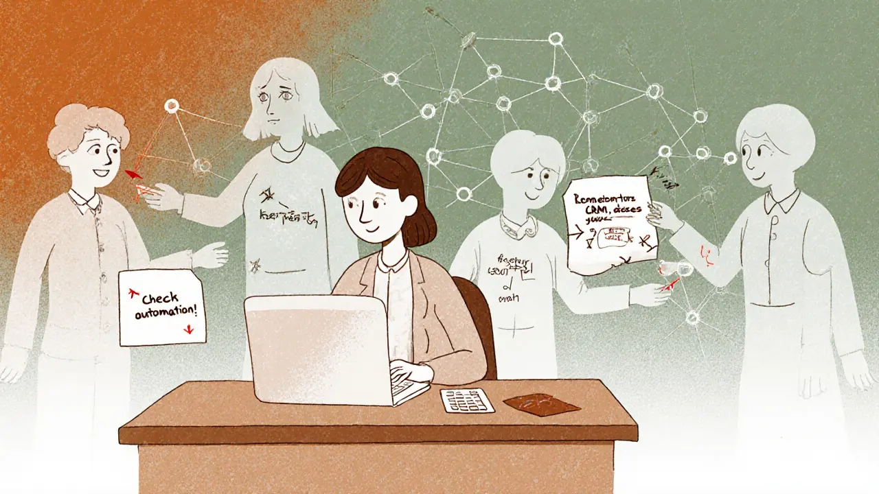 Сотрудник решает задачу, окруженный советами от невидимых коллег в виде заметок.