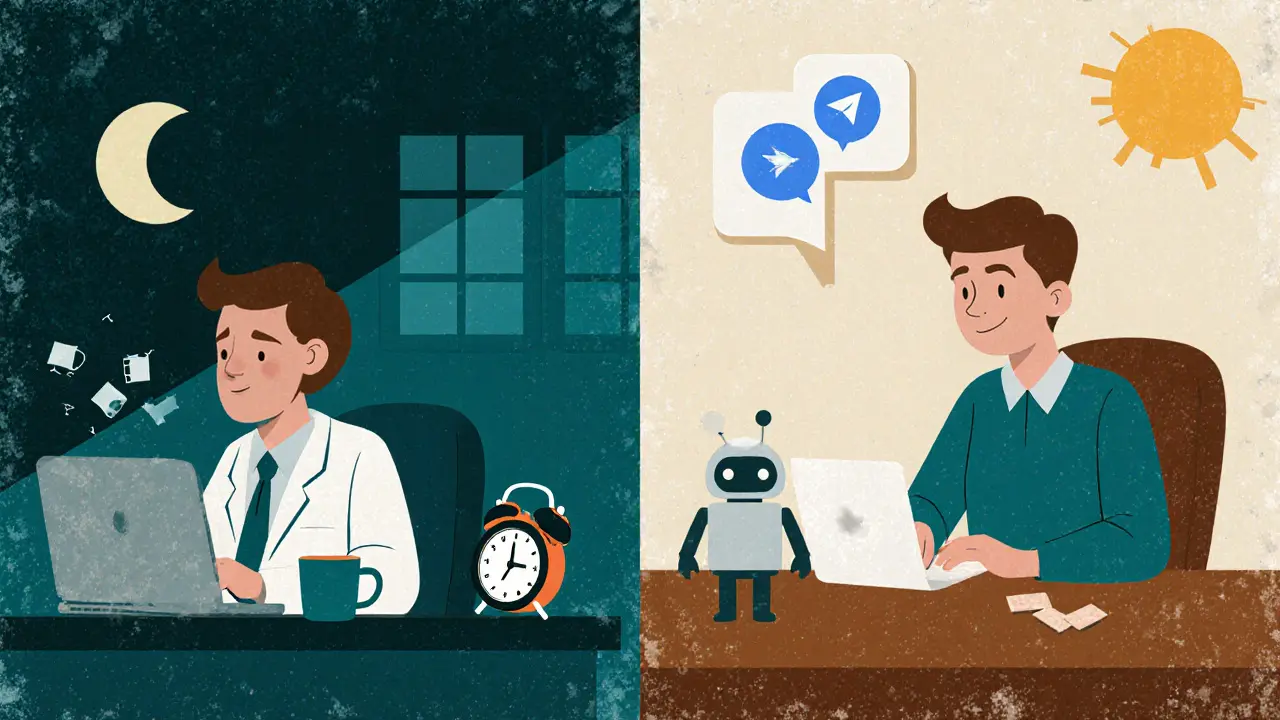 Сравнение: эксперт в стрессе ночью и в спокойствии утром с помощником на фоне.