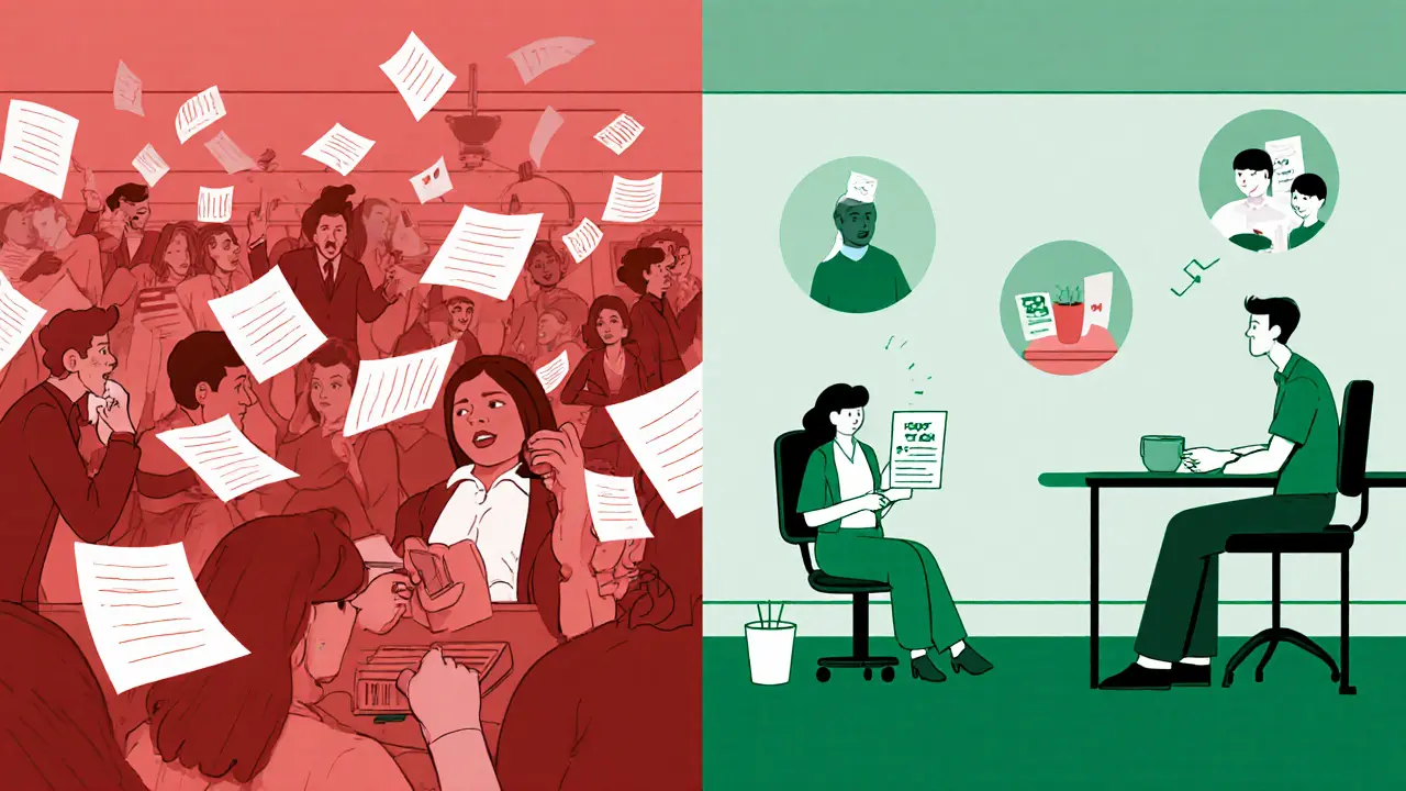 Сравнение хаотичного офиса и спокойной автоматизированной системы с персонализированными сообщениями.