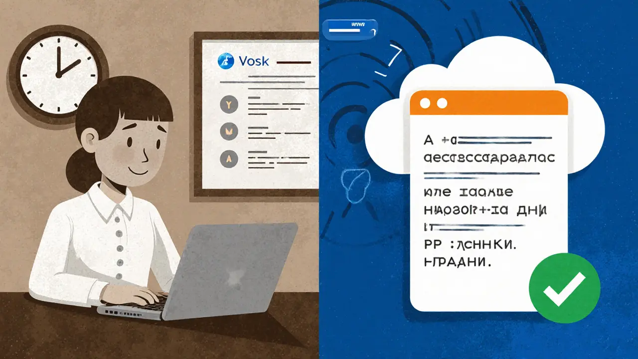 Сравнение: слева — медленная загрузка Vosk, справа — мгновенная обработка Yandex SpeechKit с чистым текстом.