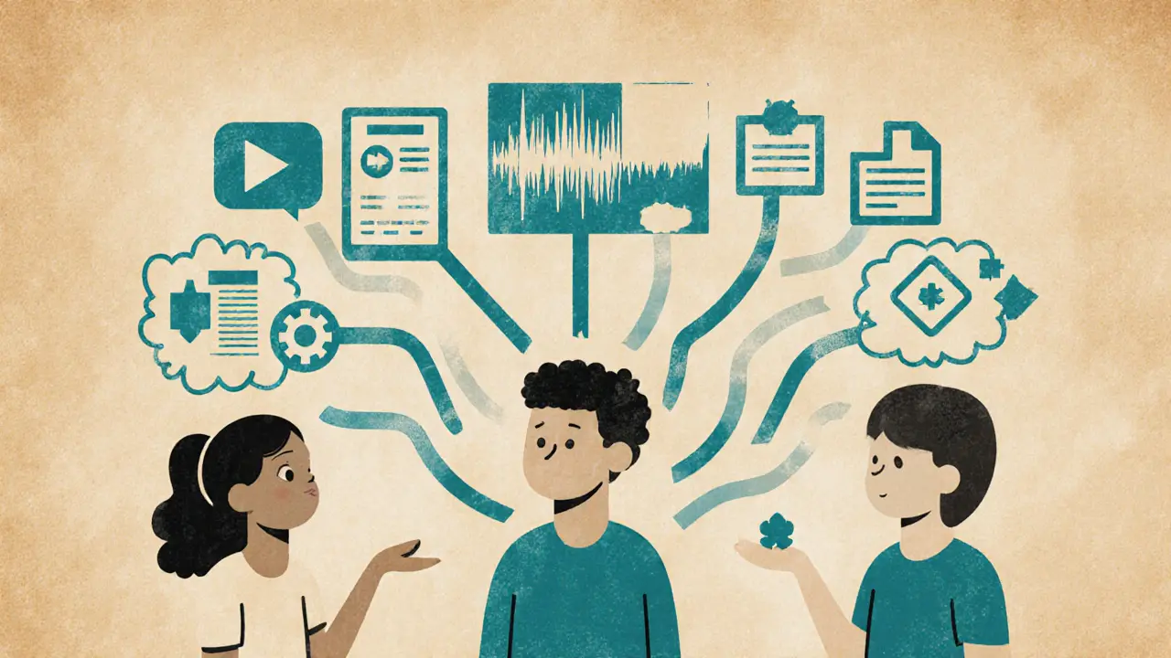 Три ученика на разных образовательных путях: визуальный, аудио и интерактивный форматы, в стиле рисографии.