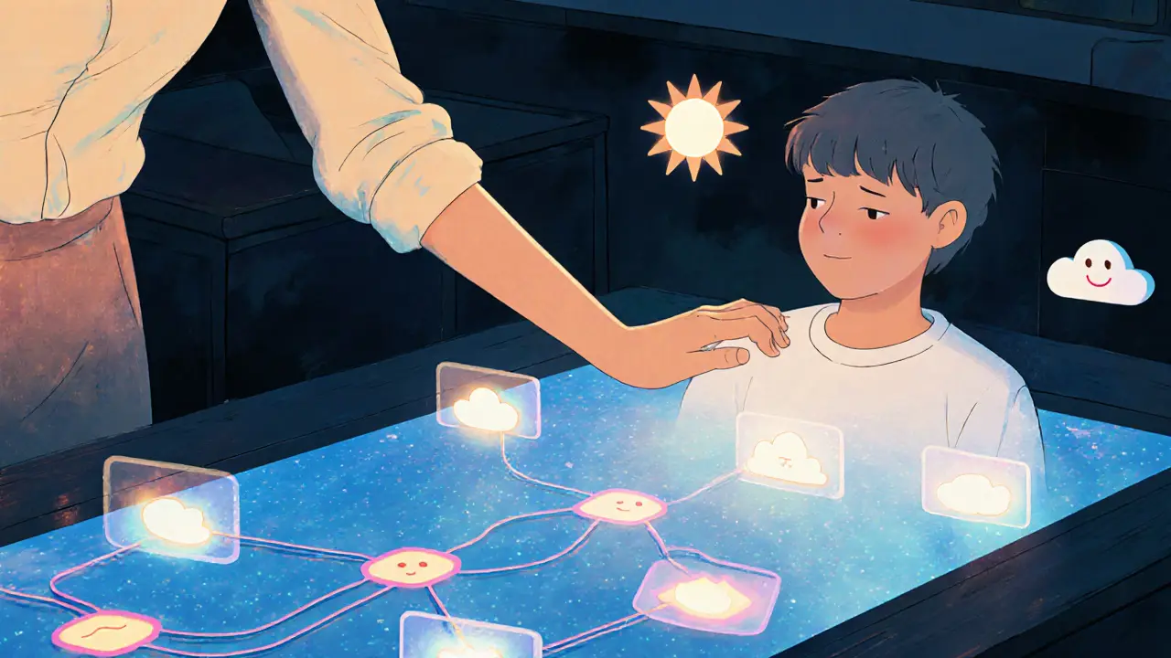 Учитель и студент с голографическим путём обучения и эмоциональными индикаторами, в стиле рисографии.