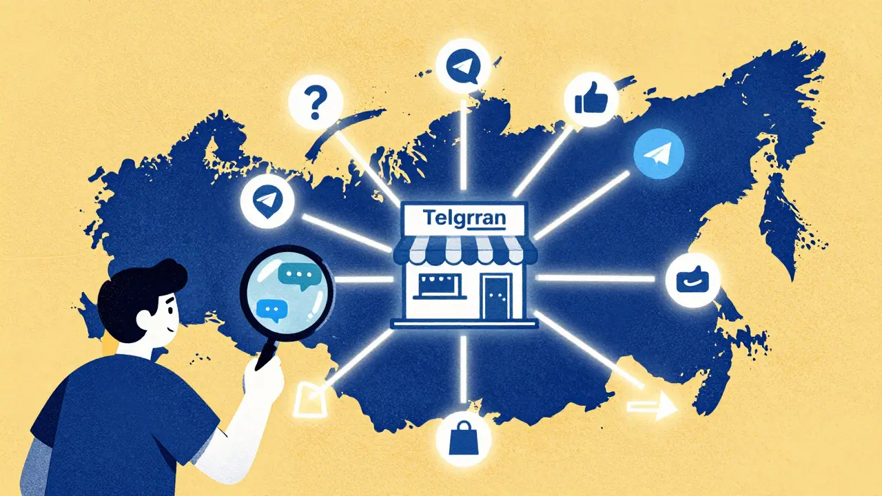 Бизнесмен изучает карту России с соединениями от чатов к магазину, символизируя рост через сообщество.