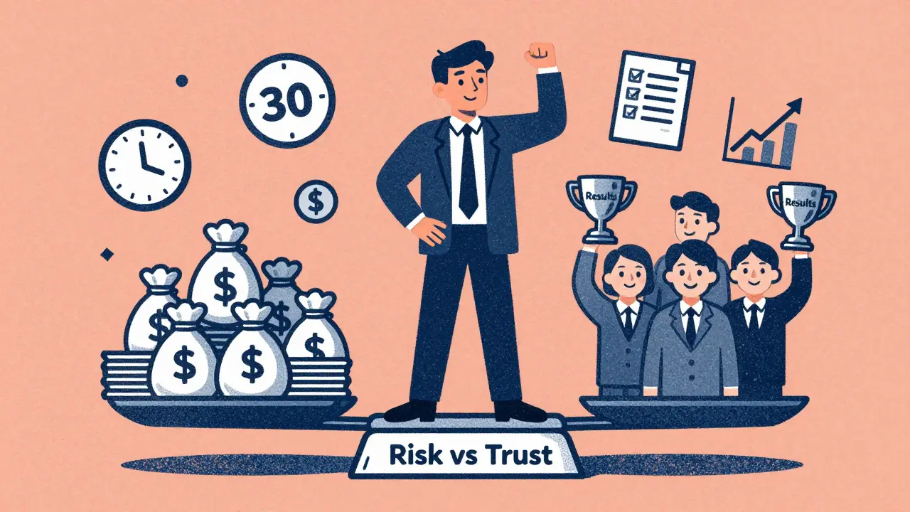 Бизнесмен на весах риска и доверия, вокруг — символы результатов и возвратов.