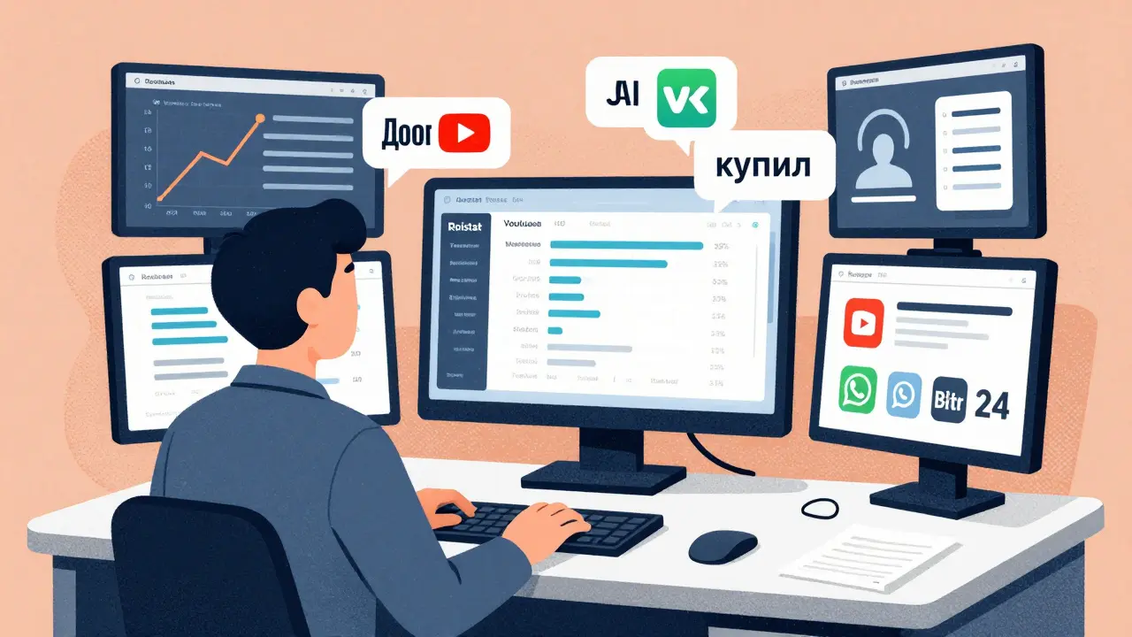 Бизнесмен смотрит на панель Roistat, которая анализирует звонки и рекламу в реальном времени.